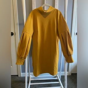 Goodnight Macaroon Cowl Neck / Turtleneck, Puff Sleeve Dress in Mustard. Size XL